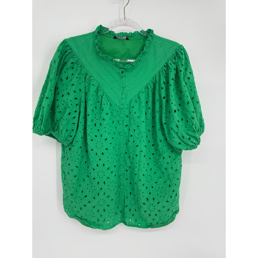 Pretty Garden Green Eyelet Ruffle Neck Puff Short Sleeve Button Blouse Top Sz XL